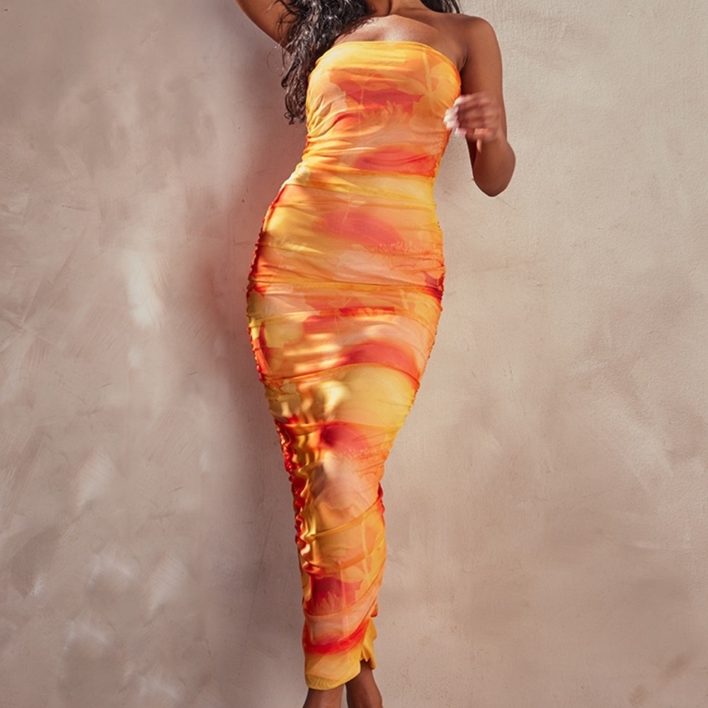 Pretty Little Thing - Orange Floral Mesh Bandeau Ruched Maxi Dress